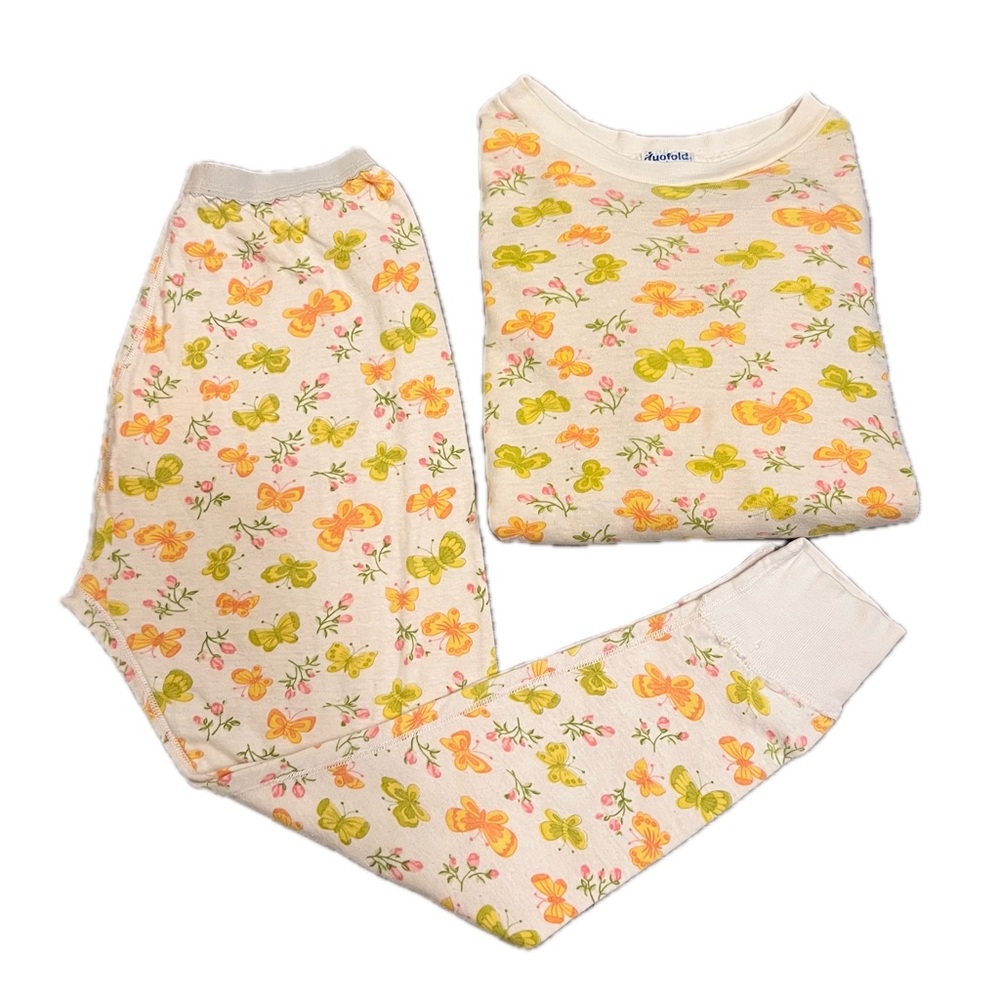 Girls vintage 70s Duofold floral butterfly pajama set top bottoms